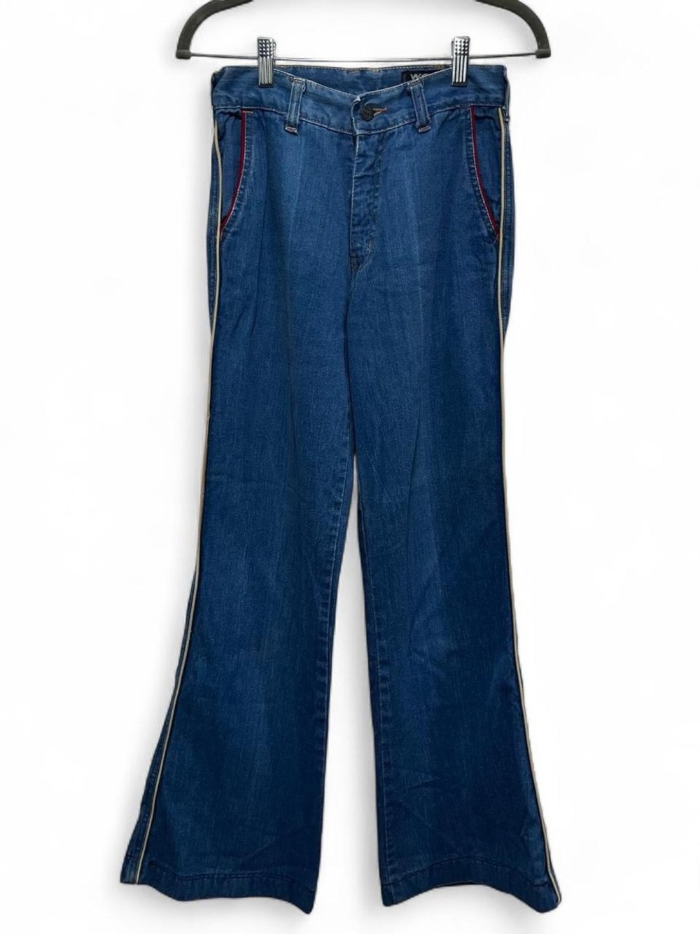 Vtg Weeds Blue Denim Flare Jeans with Side Stripe